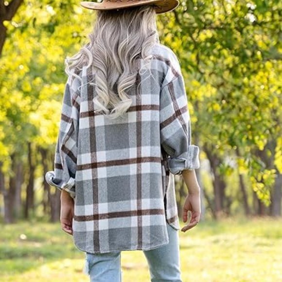 Womens Casual Wool‎ Blend Plaid Flannel Shackets Jacket Button Down Shirt Coat - Picture 3 of 5